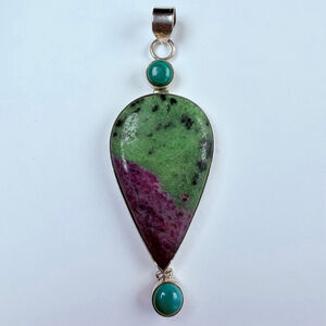 XL 58 CT Natural Ruby Zoisite & Malachite 925 Sterling Silver VTG 3.1" Pendant